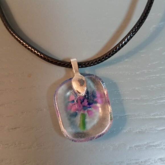 One of a kind artisan made purple bright blue abstract flower pendant necklace - Picture 5 of 8